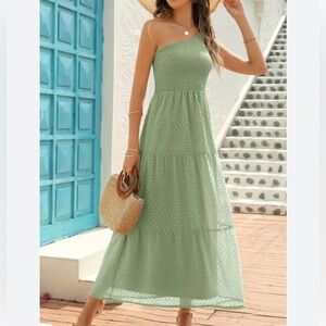 Zattcas One shoulder Sage Green Maxi Dress Smocked top Swiss Dot skirt Size L